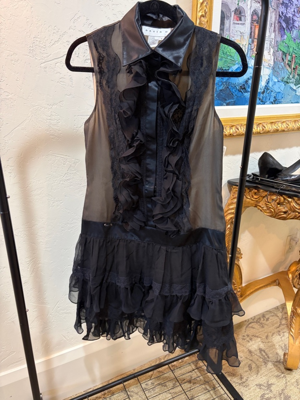 Sheer Ruffle-Front Black Dress by Basix II Size 8 Was $360